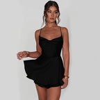 Backless Lace-Up Suspender Strap Satin A-Line Short Dress Women's Party
