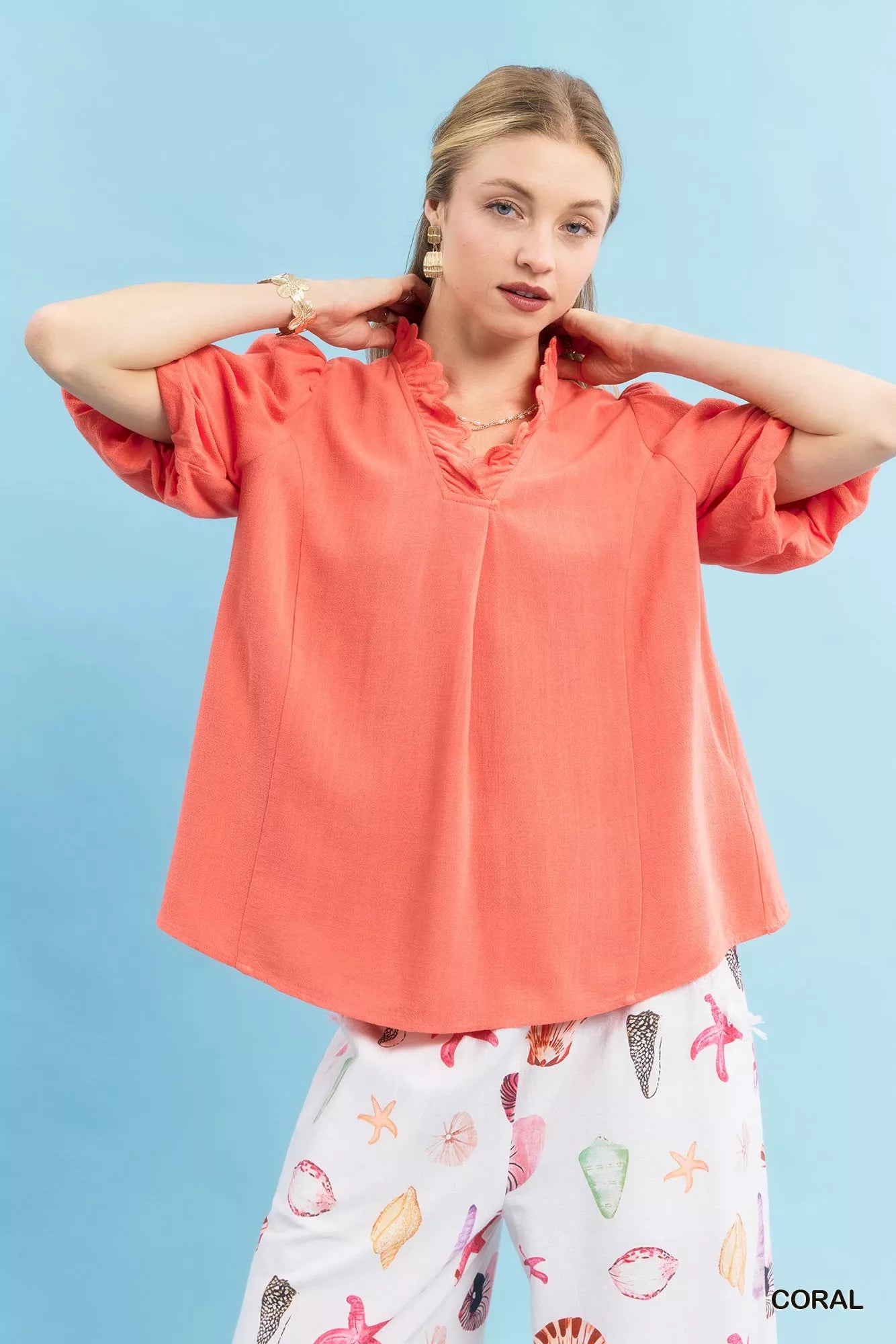Sarah Express Women's Linen Scallop Trim V-Neck Blouse CORAL