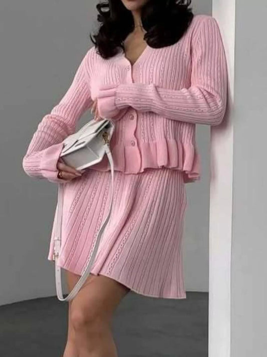 Sarah Express Women's Ruffle Trim Knit Cardigan & Skirt Set