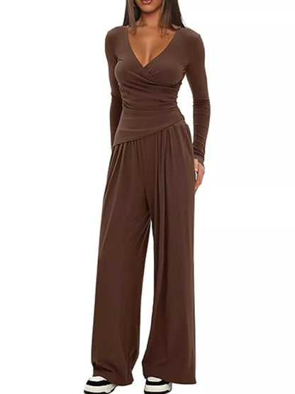 Sarah Express Women's Long Sleeve Top and Wide Leg Pants Set