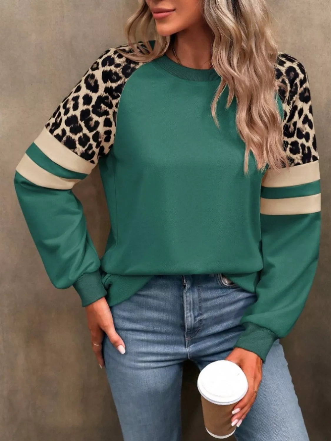 Sarah Express Women's Leopard Raglan Sleeve Striped Sweatshirt Deep Teal