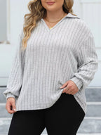 Sarah Express Women's Plus Size Ribbed Knit Polo Collar T-Shirt
