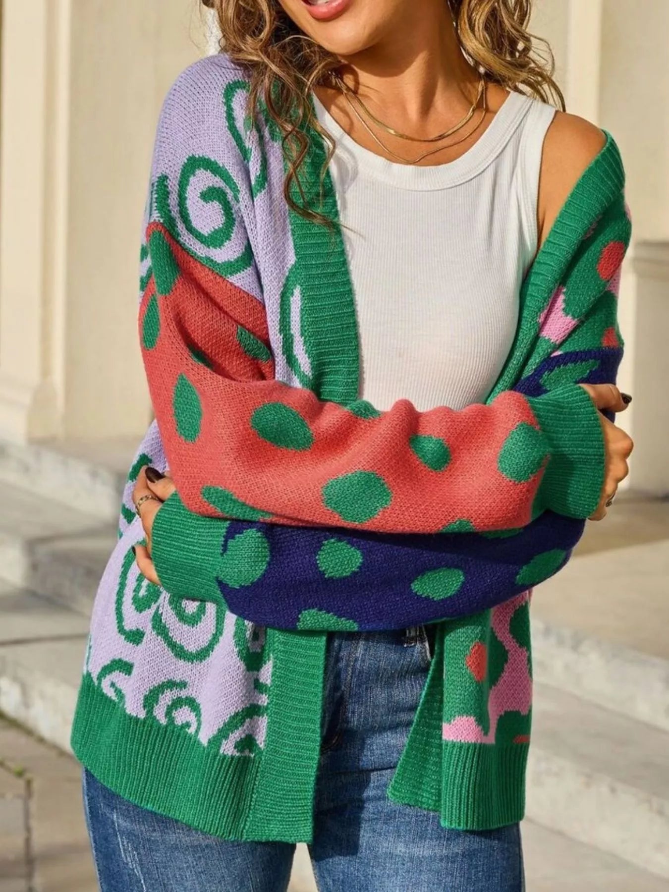 Sarah Express Women's Colorful Ribbed Open Front Cardigan - Multicolor Striped Knit Sweater