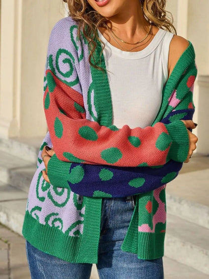 Sarah Express Women's Colorful Ribbed Open Front Cardigan - Multicolor Striped Knit Sweater