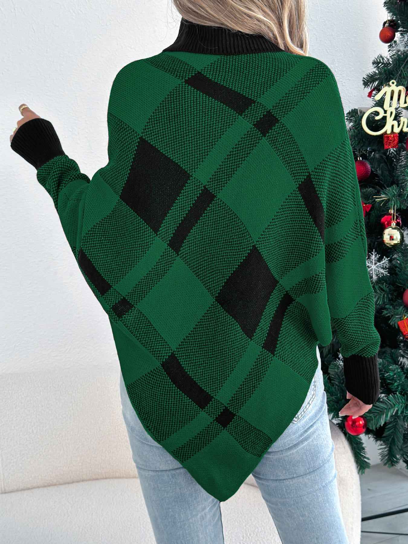 Sarah Express Women's Color Block Plaid Turtleneck Poncho Sweater - Oversized Knit Pullover