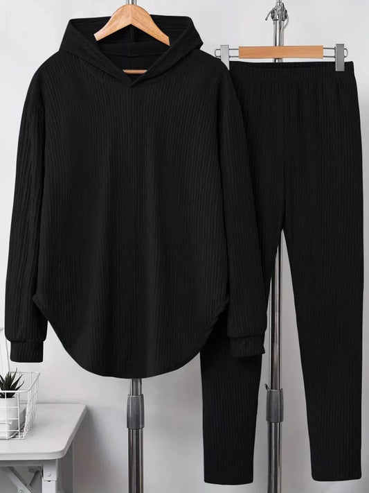 Sarah Express Women's Textured Long Sleeve Hoodie and Pants Set Black