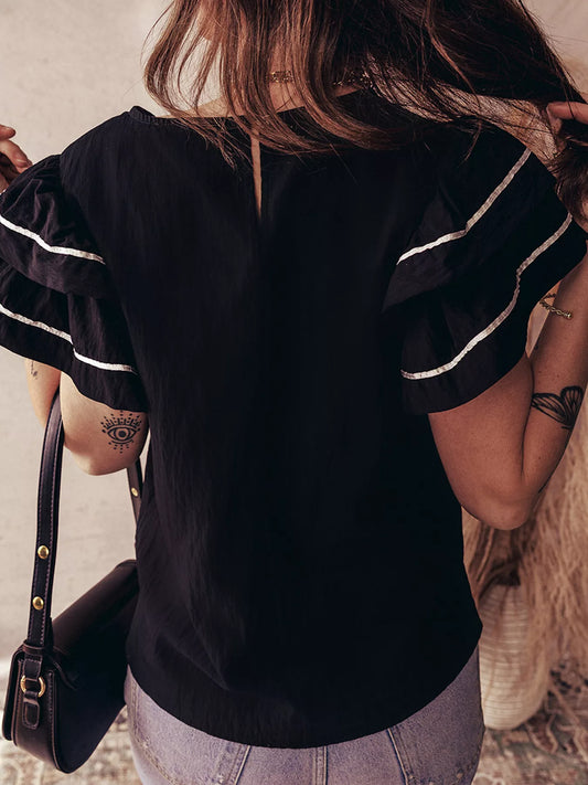 Sarah Express Women's Contrast Trim Dual Ruffle Short Sleeve Textured Blouse