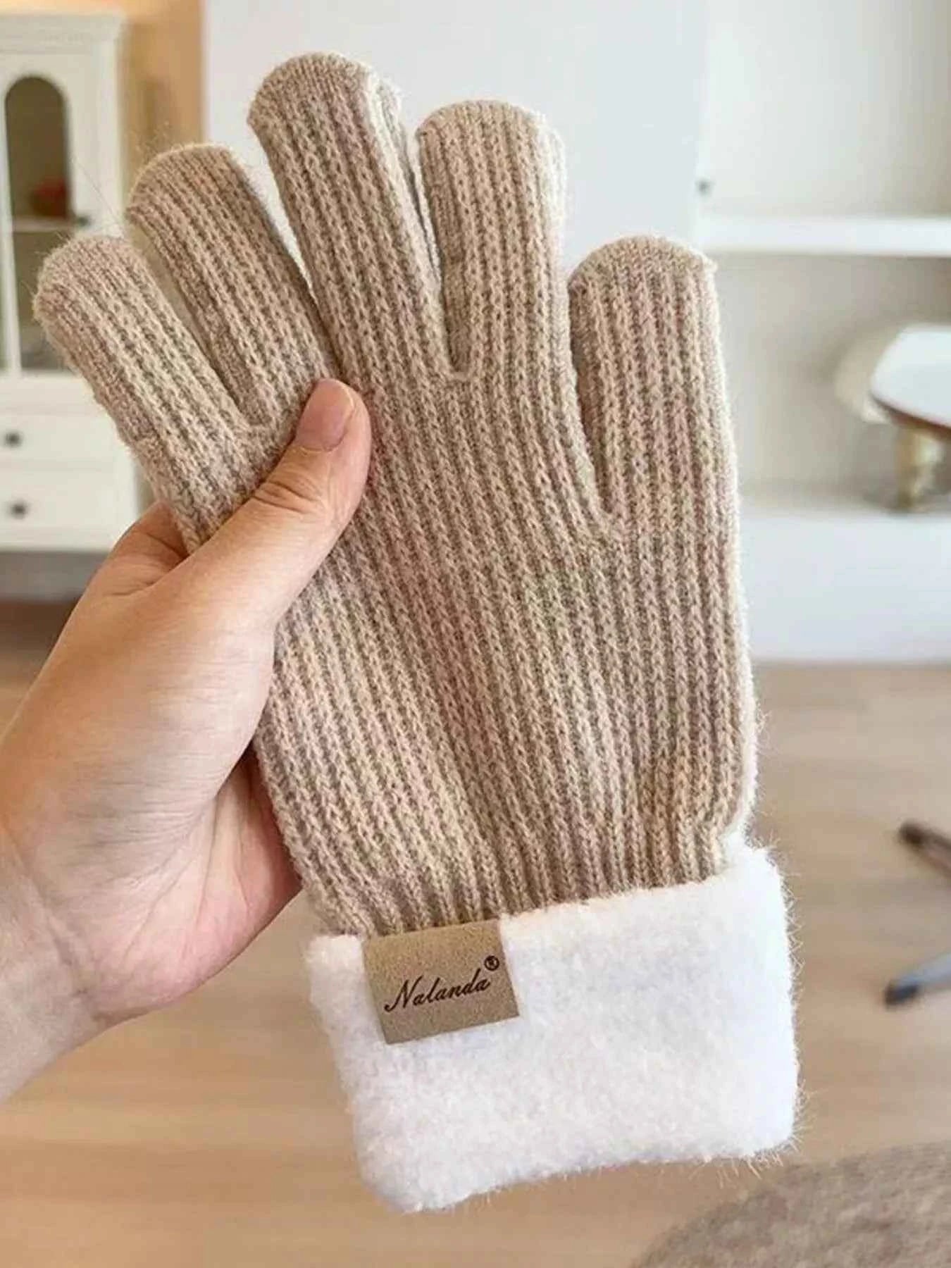 Sarah Express Women's Knitted Warm Winter Gloves with Plush Cuff Camel One Size