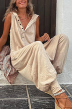 Sarah Express Button-Front Hooded Sleeveless Jumpsuit with Trousers