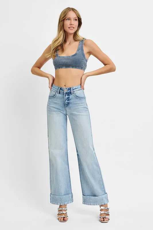 Sarah Express Women’s Plus Size Tummy Control High Rise Ankle Jeans with Wide Cuff

