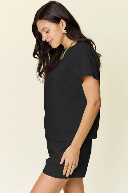 Sarah Express Women's Textured Short Sleeve T-Shirt and Drawstring Shorts Set