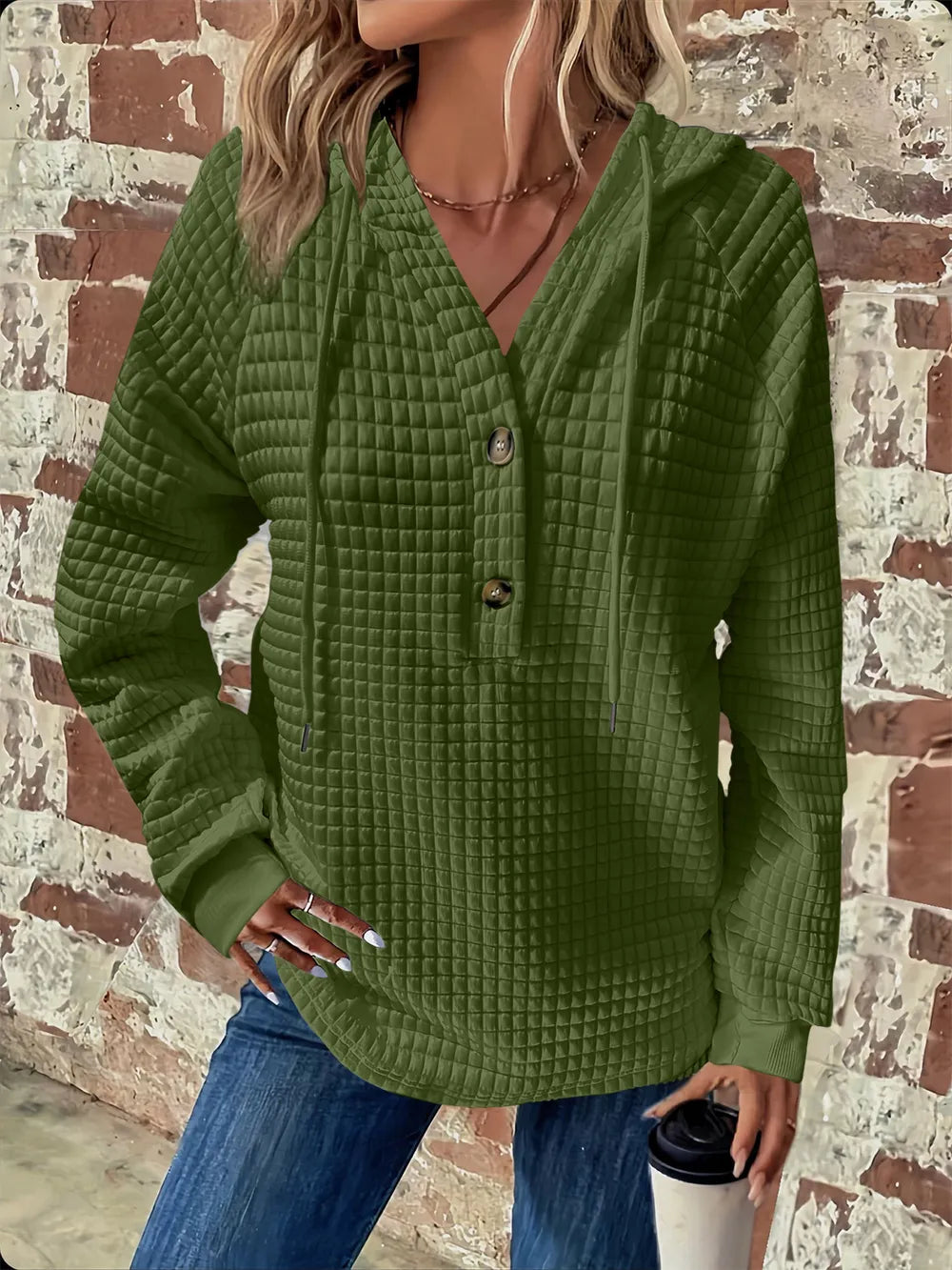 Sarah Express Women's Textured Button Detail Drawstring Long Sleeve Hoodie