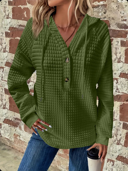 Sarah Express Women's Textured Button Detail Drawstring Long Sleeve Hoodie