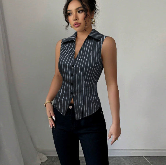 Sarah Express Striped Sleeveless Button-Down Blouse Slim Fit