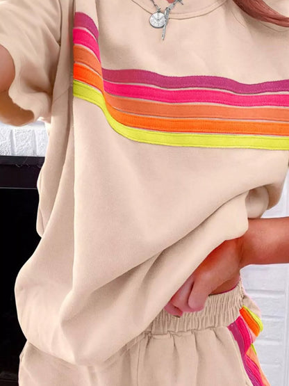 Sarah Express Women's Rainbow Striped Two Piece Set - Round Neck Top & Shorts Lounge Set