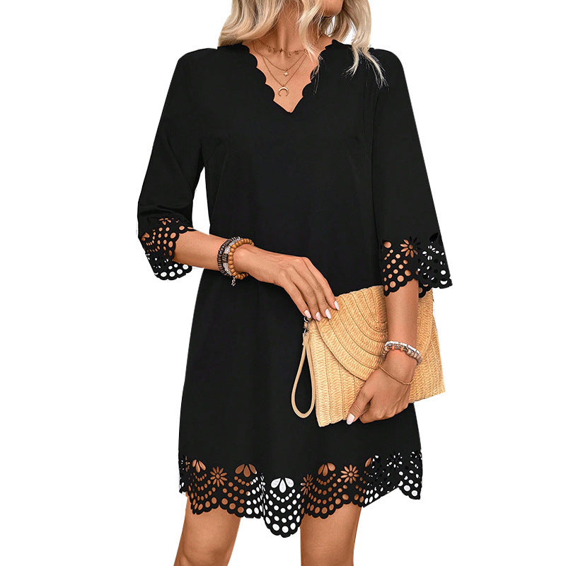 Sarah Express Lace Floral A-Line V-Neck Midi Dress Long Sleeve Pullover