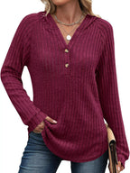 Sarah Express Women's Ribbed Knit Button Detail Hooded Top Burgundy