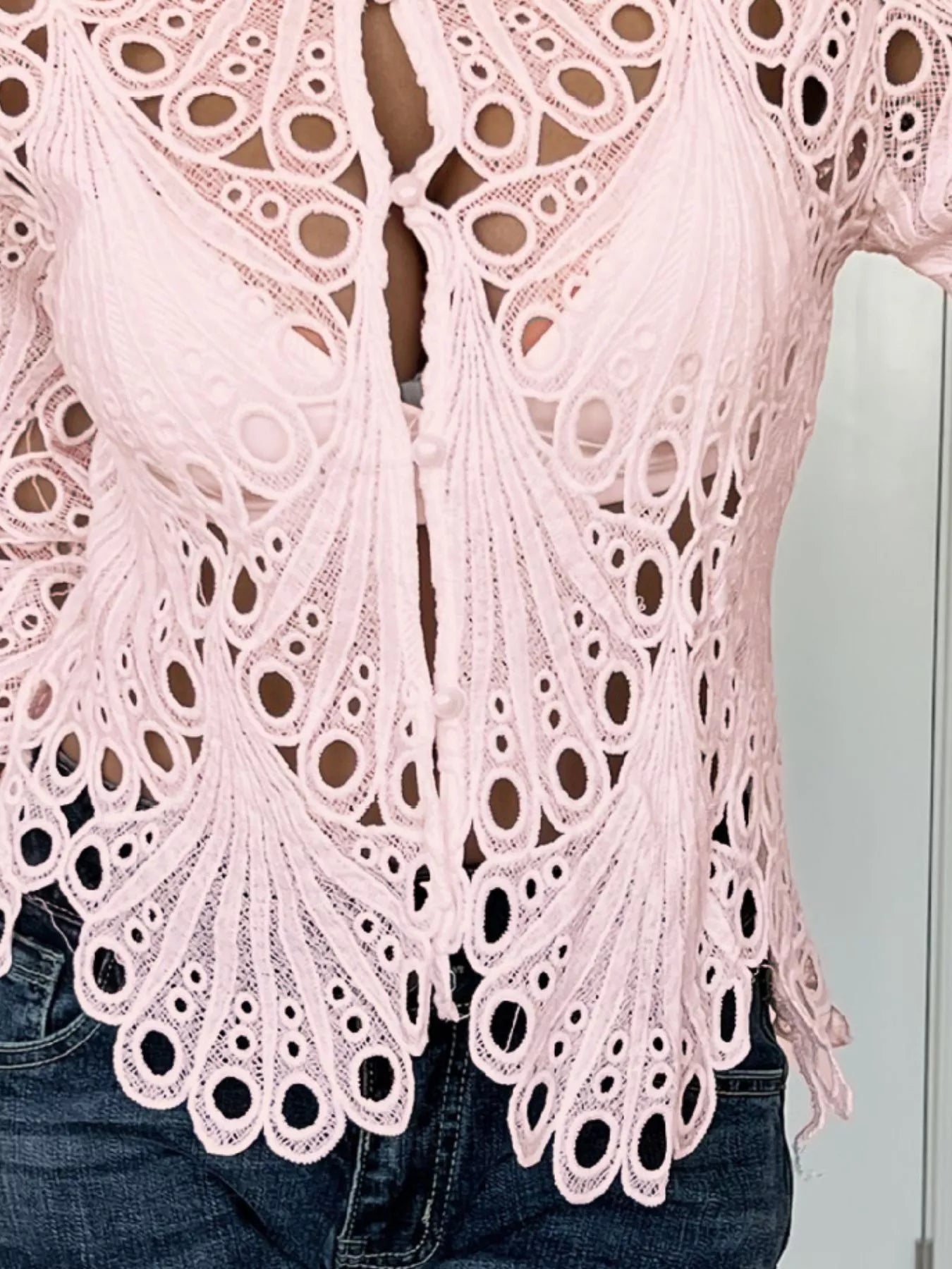 Sarah Express Women's Lace Button Up Long Sleeve Shirt - Elegant Openwork Blouse