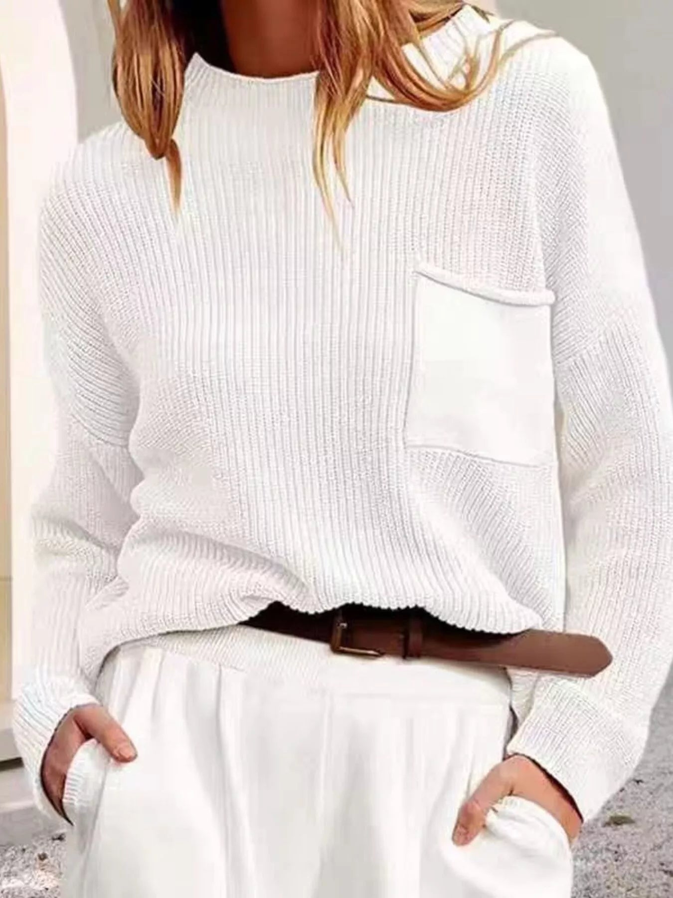 Sarah Express Women's Pocket Detail Dropped Shoulder Sweater White One Size