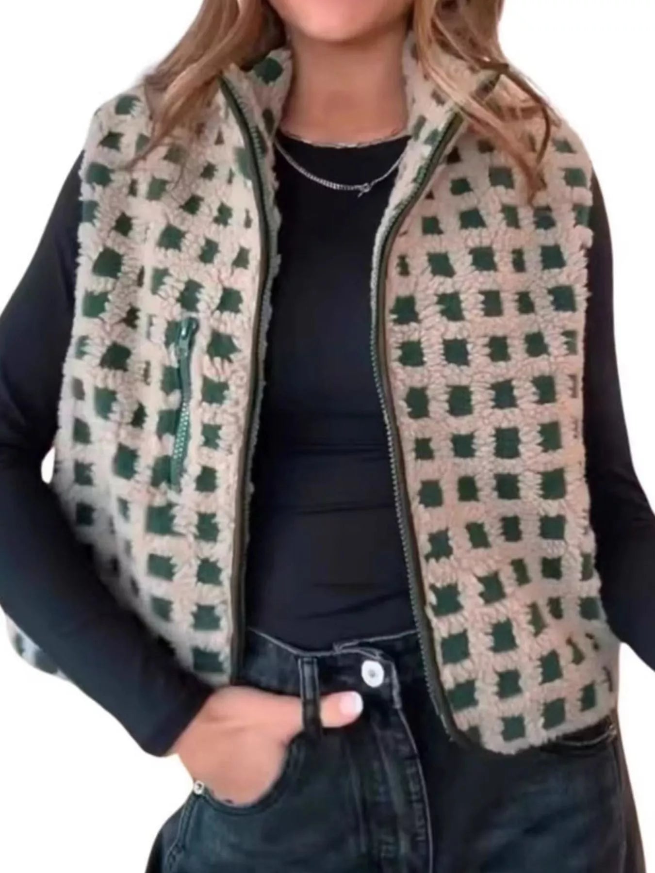 Sarah Express Women's Plaid Zip Up Vest Coat with Pockets - Sleeveless Outerwear Jacket Green