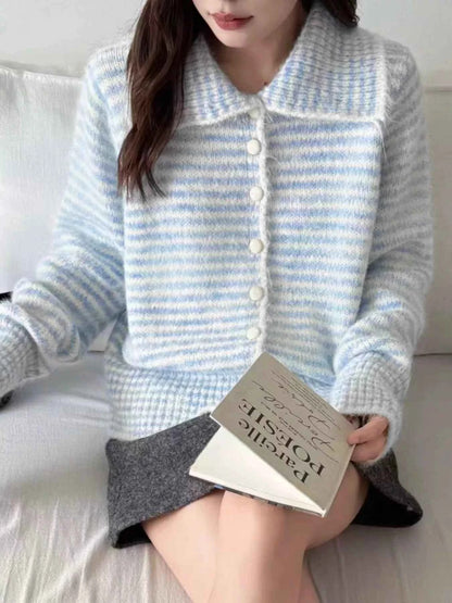 Sarah Express Women's Striped Knit Button-Down Cardigan - Cozy Acrylic Sweater Blue One Size
