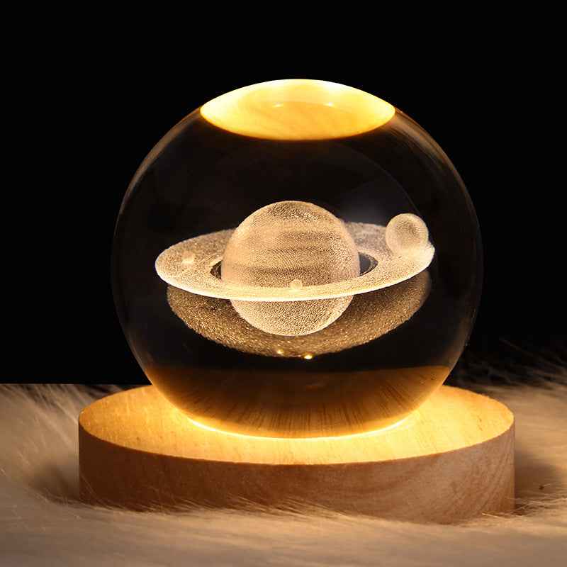 Sarah Express 3D Crystal Ball Night Light - Luminous Planetary Moon Galaxy Projection Lamp with Wooden Base Solid Wood Lamp Holder Saturn 6cm