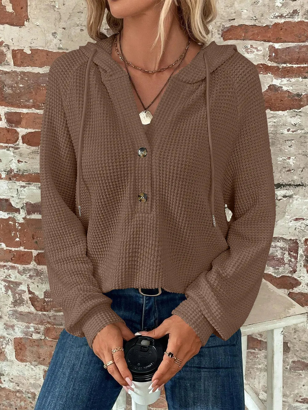 Sarah Express Women's Waffle Knit Long Sleeve Drawstring Hooded Top