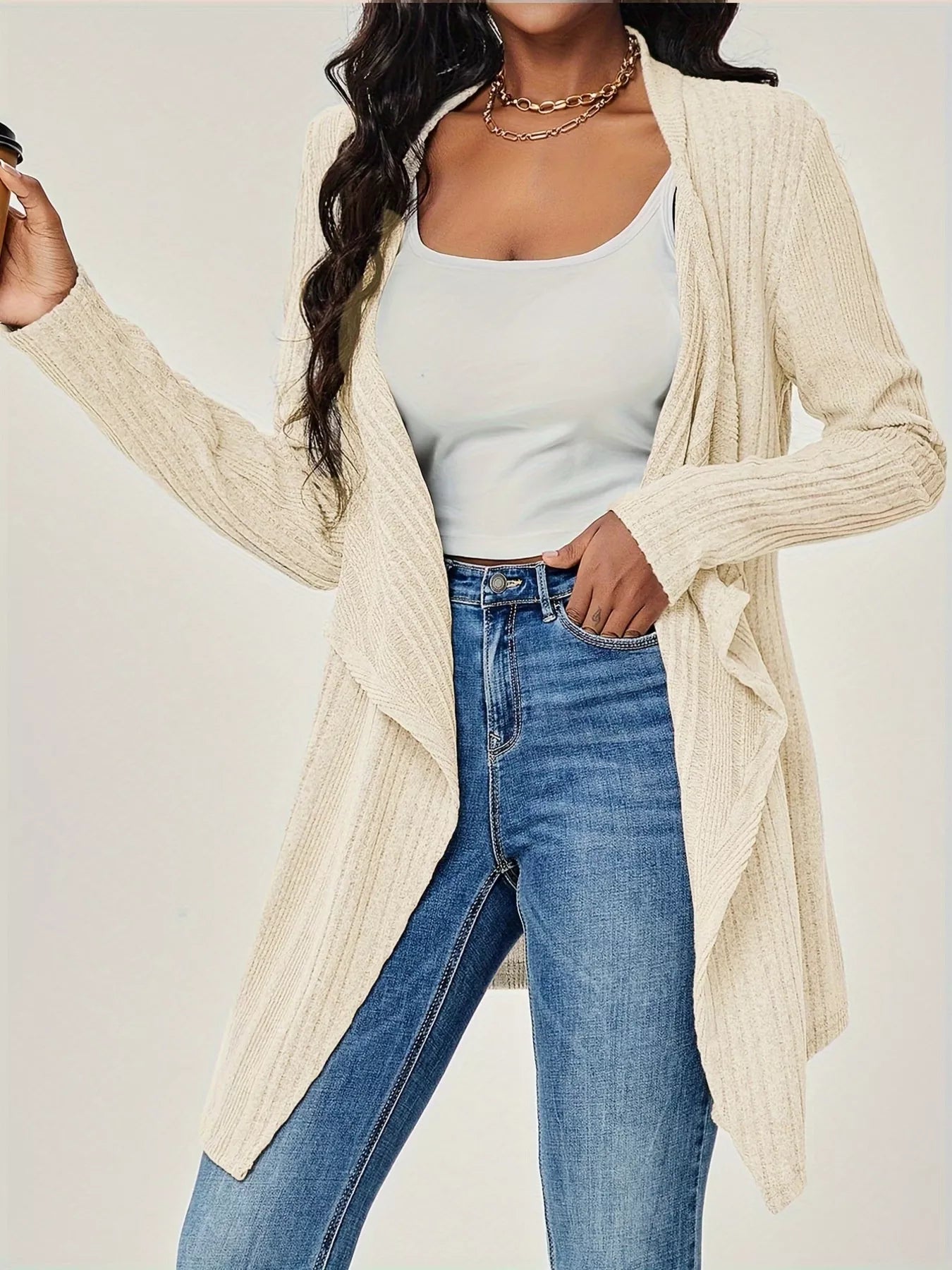 Sarah Express Women's Ribbed Knit Open Front Cardigan - Long Sleeve Lightweight Sweater