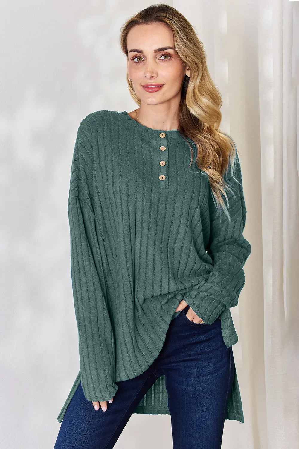 Sarah Express Women's Ribbed Half Button Long Sleeve High-Low T-Shirt Army Green