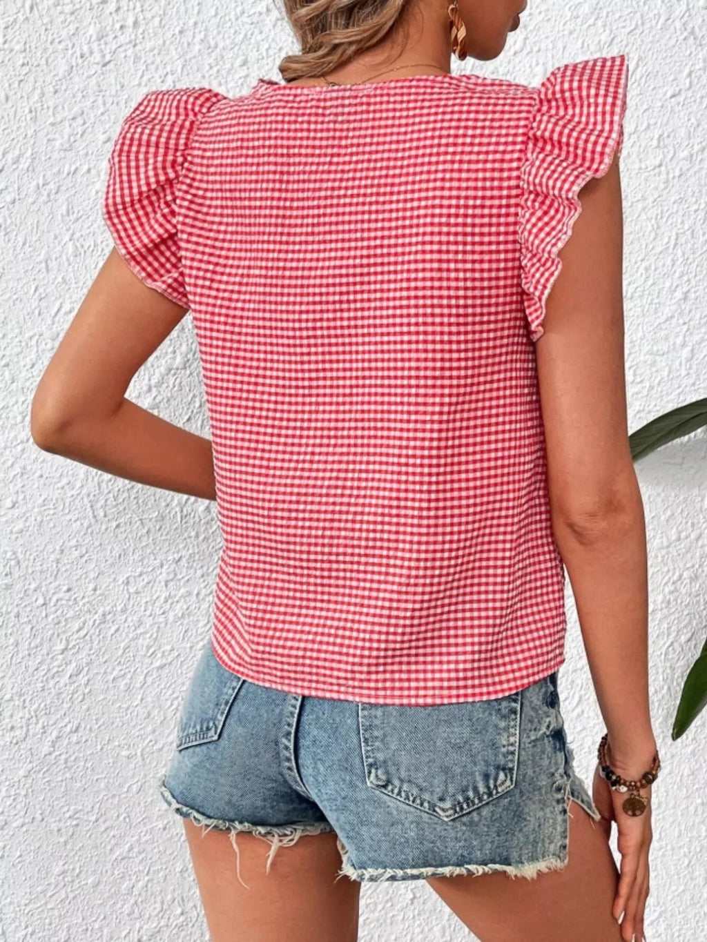 Sarah Express Women's Gingham Ruffle Sleeve Square Neck Blouse