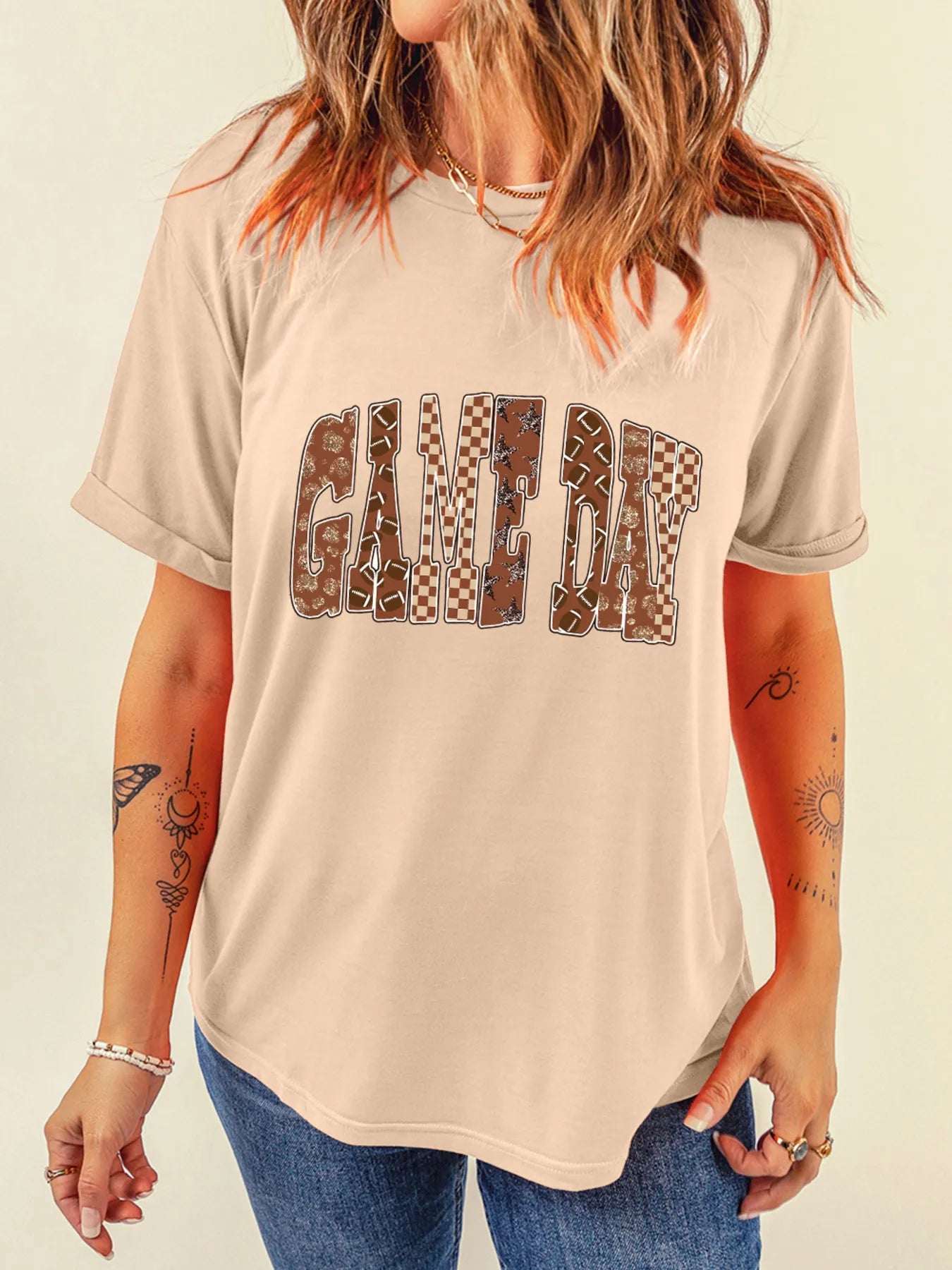 Sarah Express Women's GAME DAY Checkered Letter Graphic T-Shirt Plus Size Tan