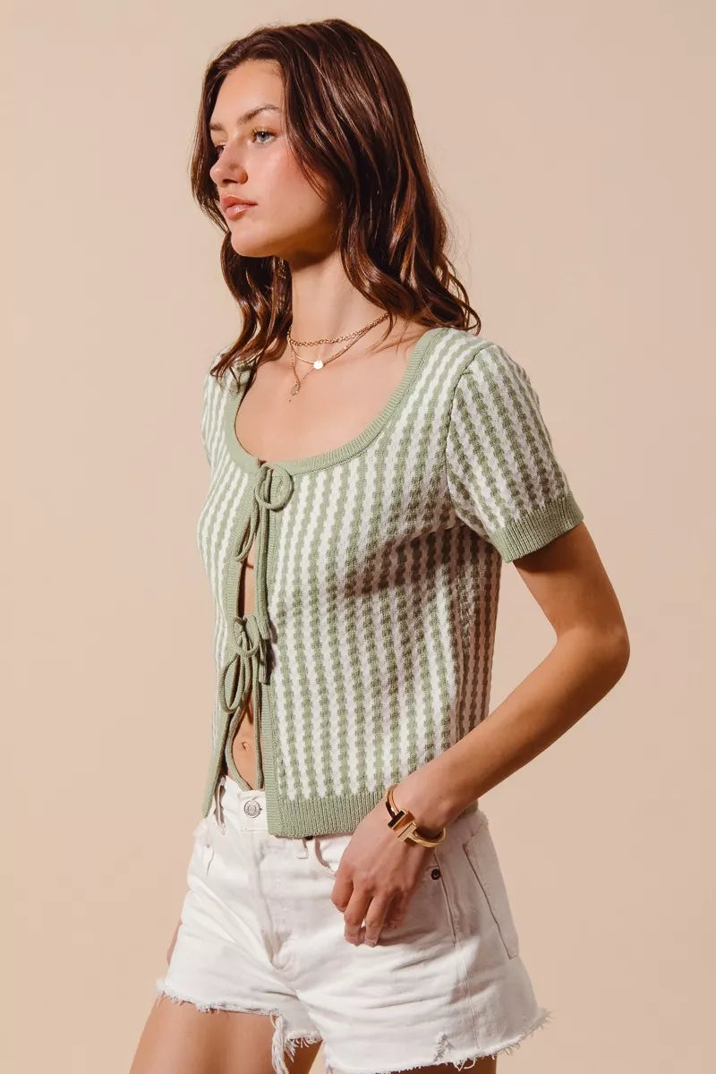 Sarah Express Women's Tie Front Textured Vertical Stripe Knit Cardigan