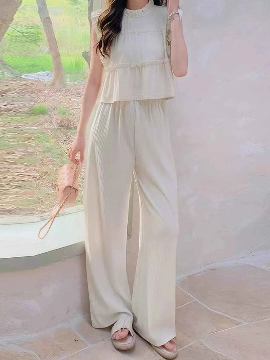 Sarah Express Women's Ruffled Sleeveless Top and Wide Leg Pants Two-Piece Set Apricot