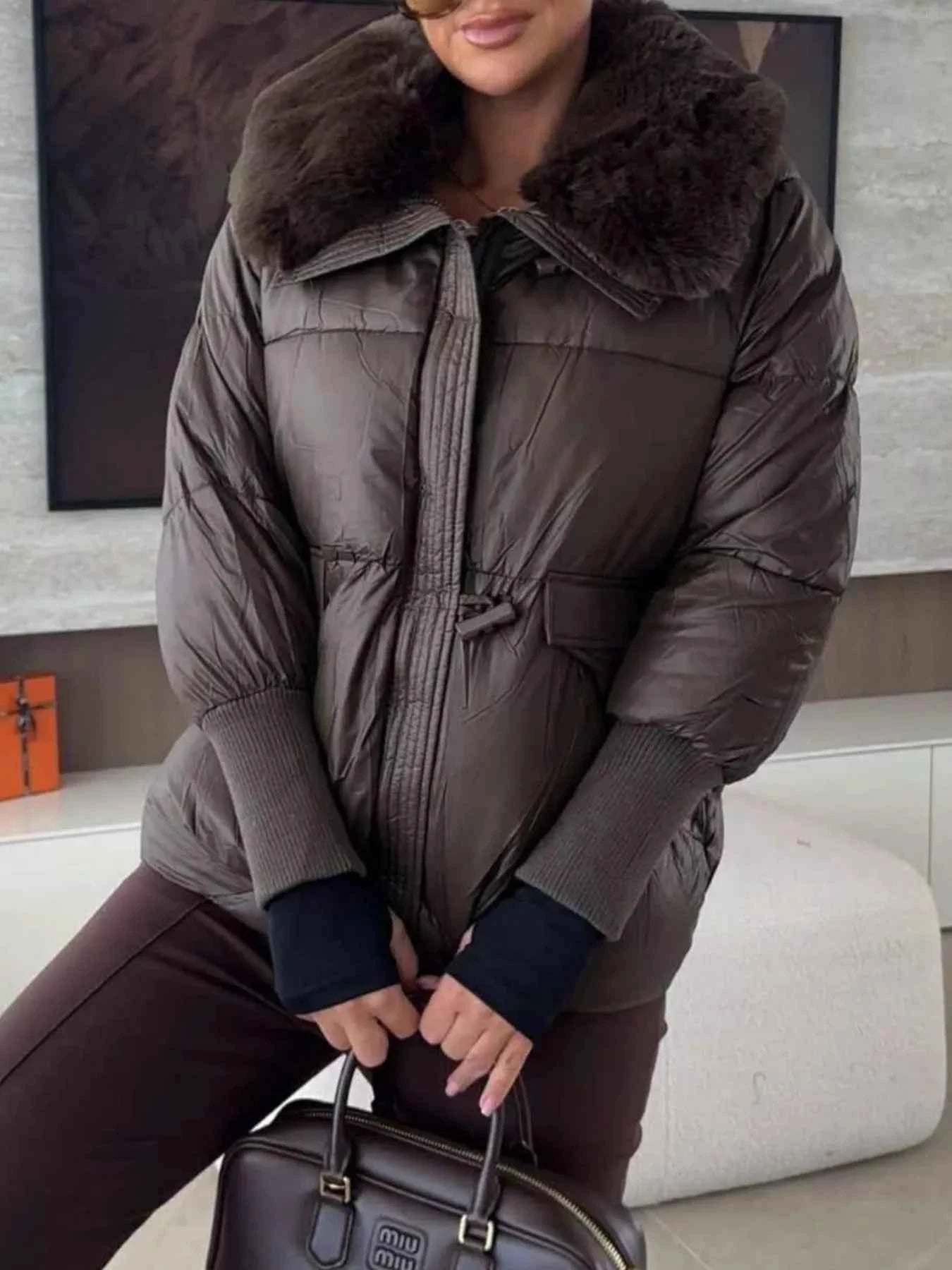 Sarah Express Women's Fur Collar Padded Puffer Jacket - Warm Winter Coat with Zipper Pockets