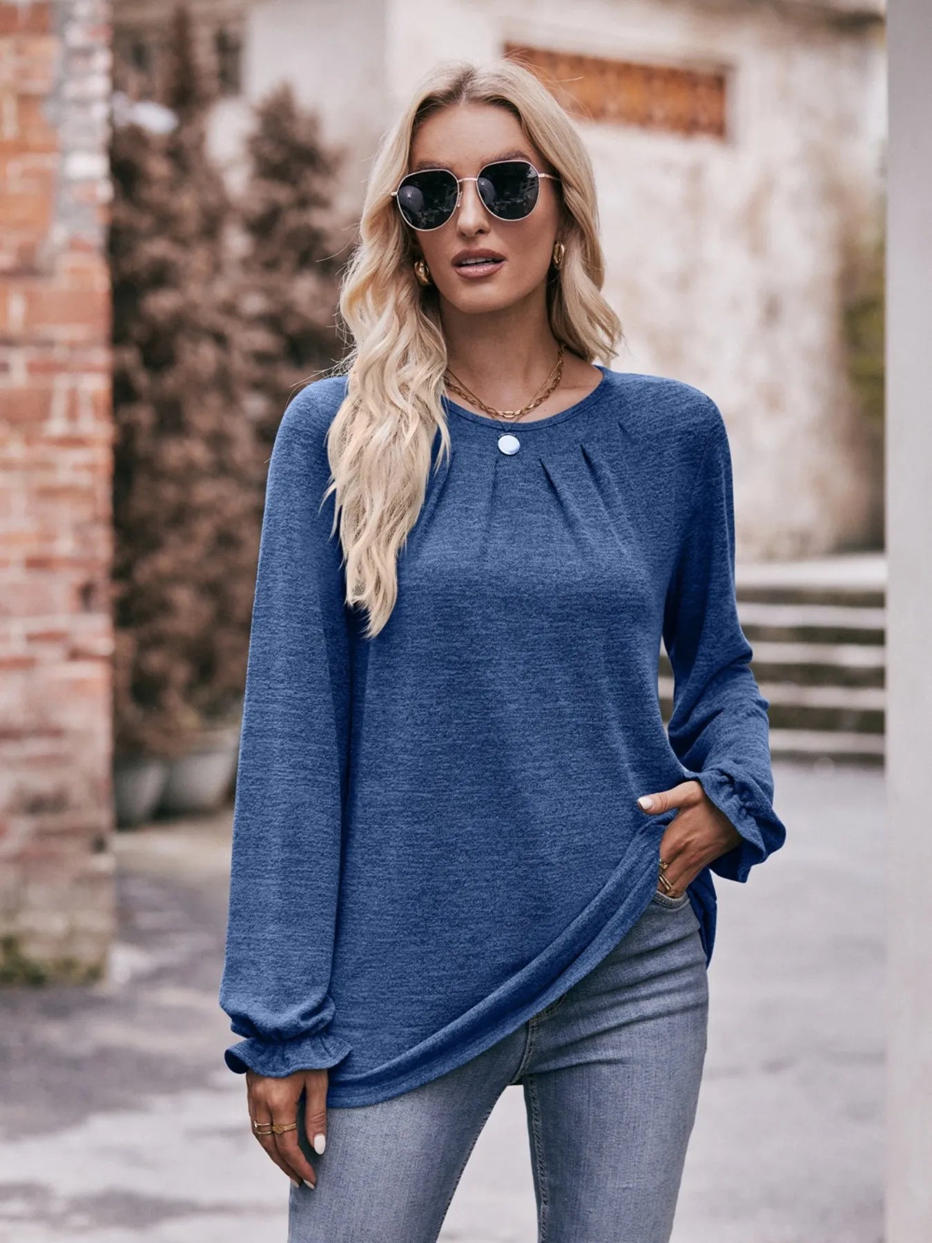 Sarah Express Women's Round Neck Long Sleeve Ruched Casual T-Shirt Indigo