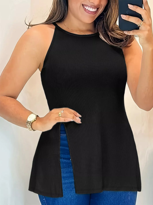 Sarah Express Women's Plus Size Slit Round Neck Cami Black