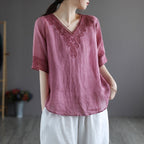 Sarah Express Women's Embroidered Cotton Linen V-Neck T-Shirt Ethnic Retro Style Short Sleeve
