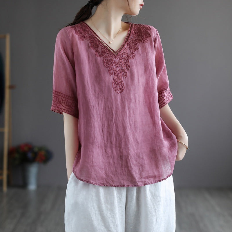 Sarah Express Women's Embroidered Cotton Linen V-Neck T-Shirt Ethnic Retro Style Short Sleeve