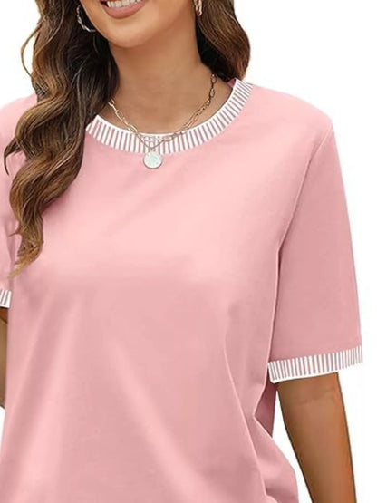 Sarah Express Women's Striped Trim Casual T-Shirt - Relaxed Fit Short Sleeve Top