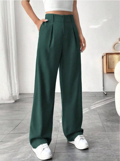 Sarah Express Women's Wide Leg Pleated Pants with Pockets Green