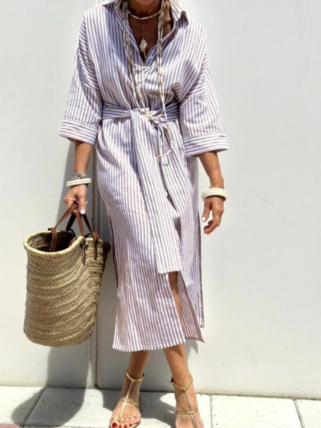 Sarah Express Women's Striped Shirt Dress Button Front Maxi with Belt