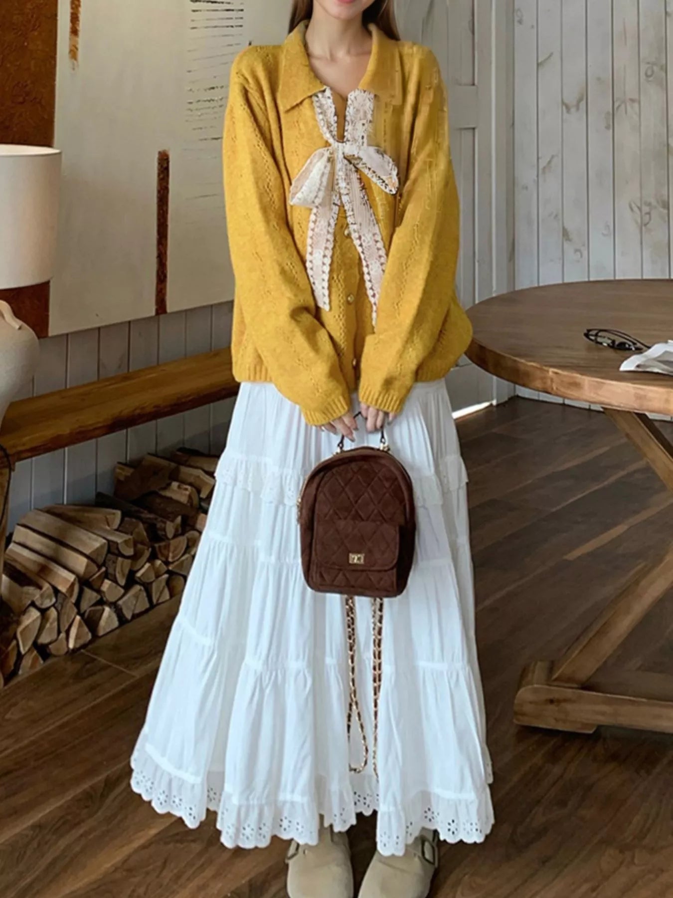 Sarah Express Women's Lace Tie Button Up Cardigan