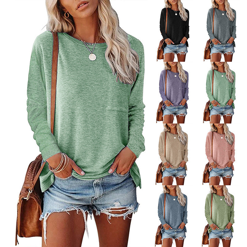 Sarah Express Women's Long Sleeve Pocket T-Shirt Split Hem Casual Cotton Blend Top