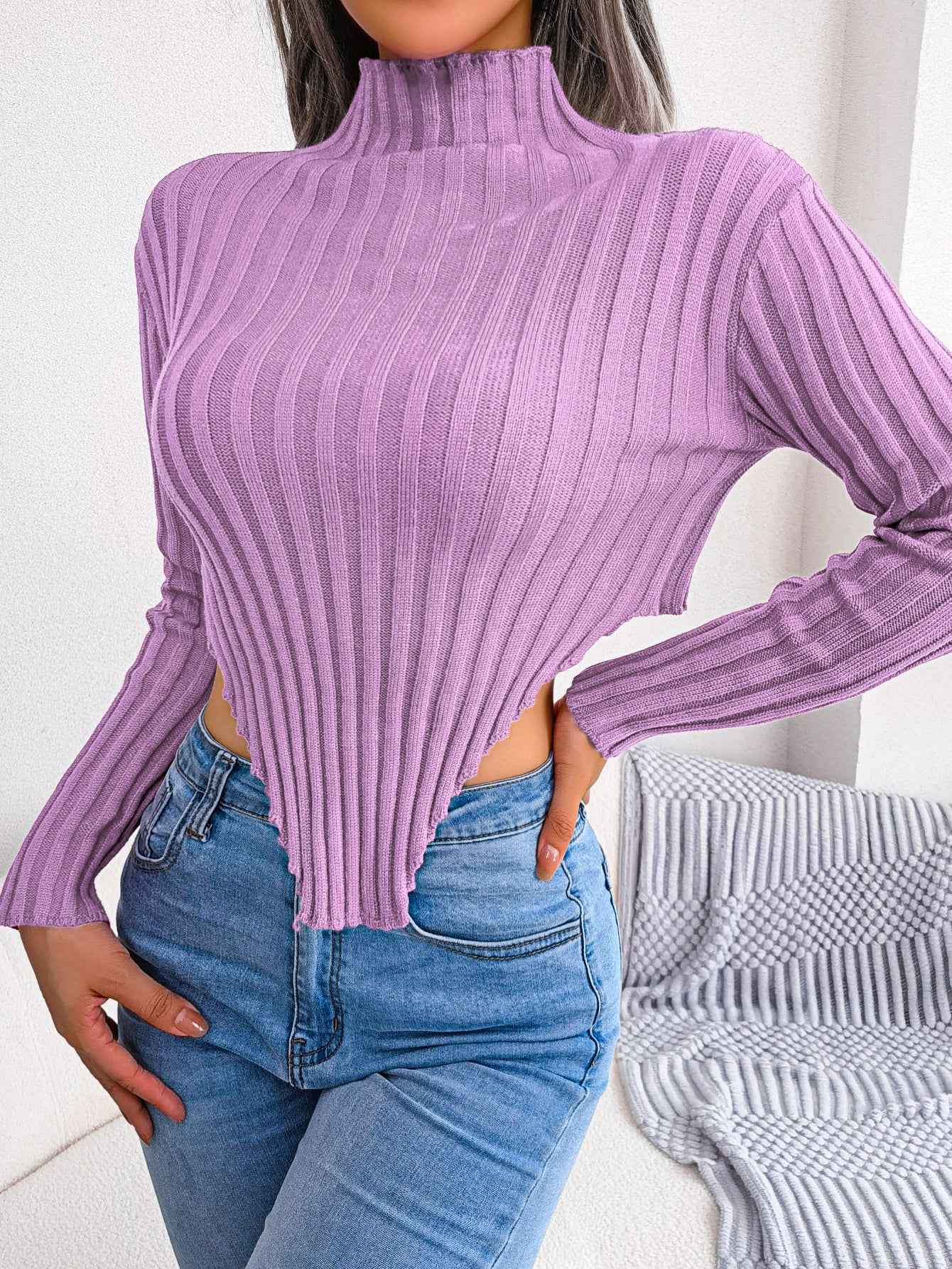 Sarah Express Women Sexy Half Turtleneck Asymmetric Long Sleeve Knit Top