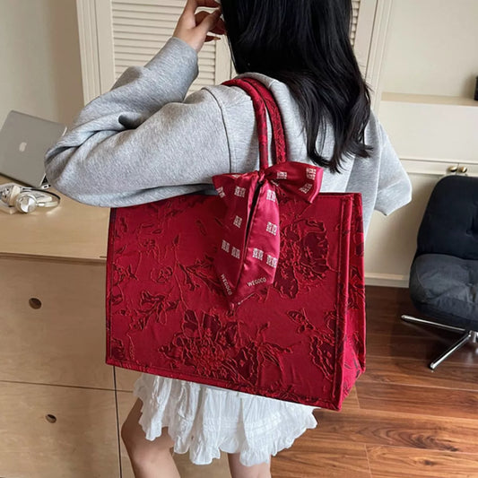 Sarah Express Women's Floral Embossed Tote Handbag with Scarf Accent Scarlet ONESIZE