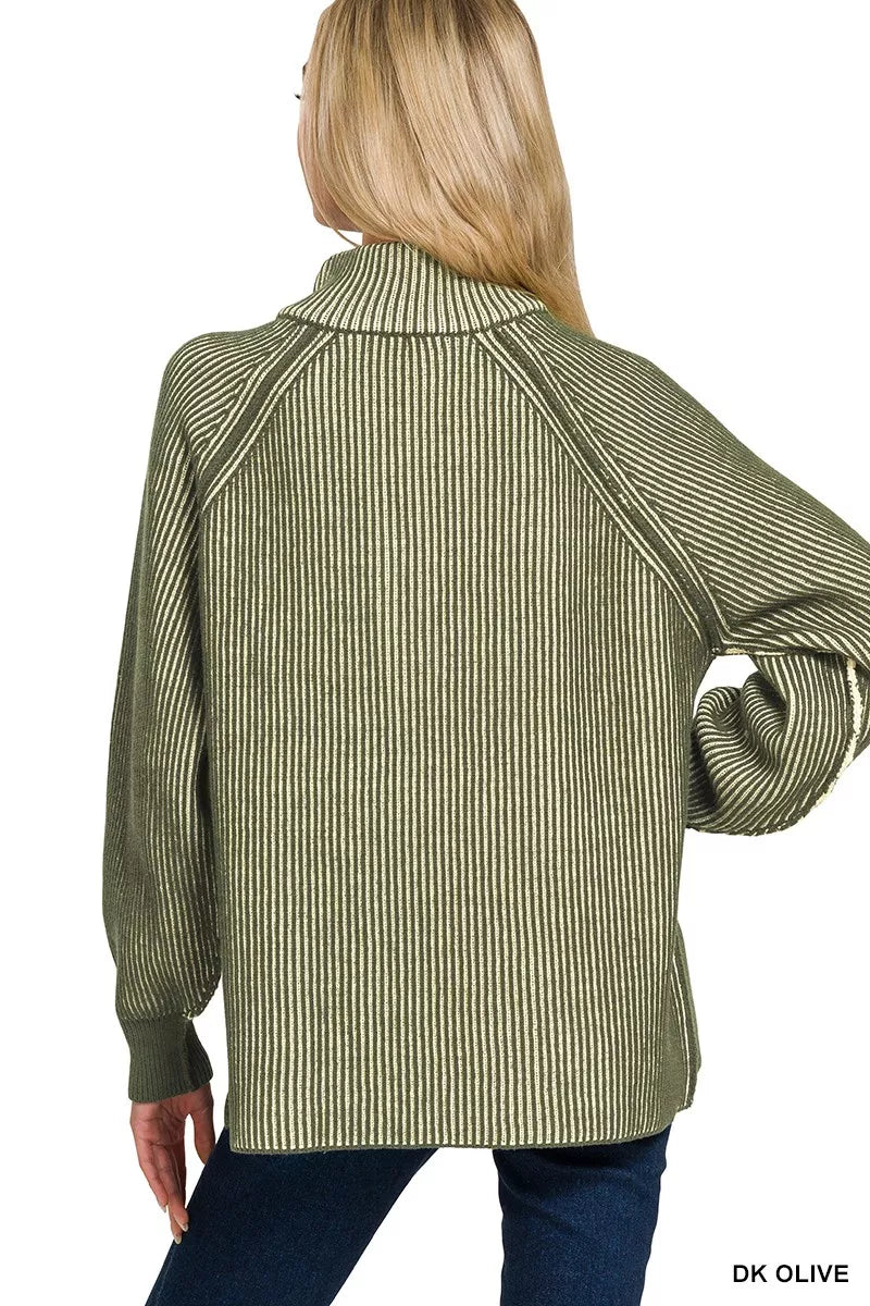 Sarah Express Women's Ribbed Two Tone Half Zip Sweater