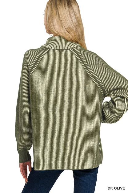 Sarah Express Women's Ribbed Two Tone Half Zip Sweater