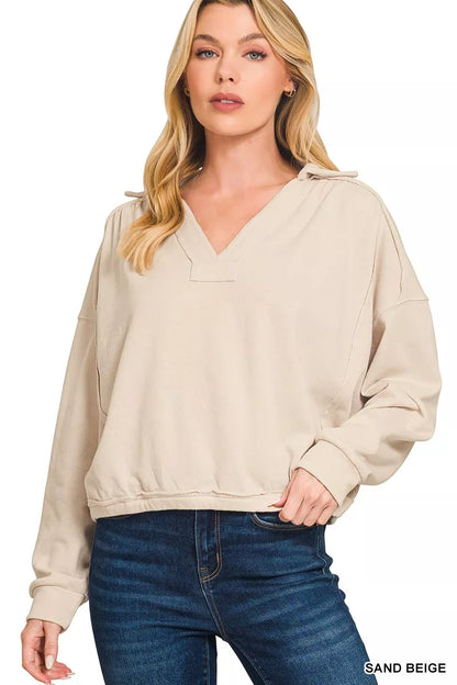 Sarah Express Women's French Terry Collared Exposed Seam Sweatshirt SAND BEIGE
