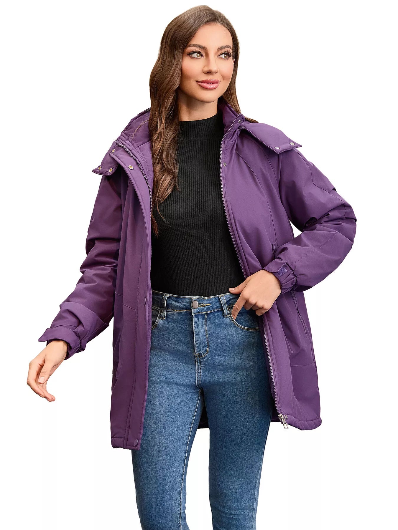 Sarah Express Women's Hooded Mid-Length Windproof Outerwear Plus Size Purple