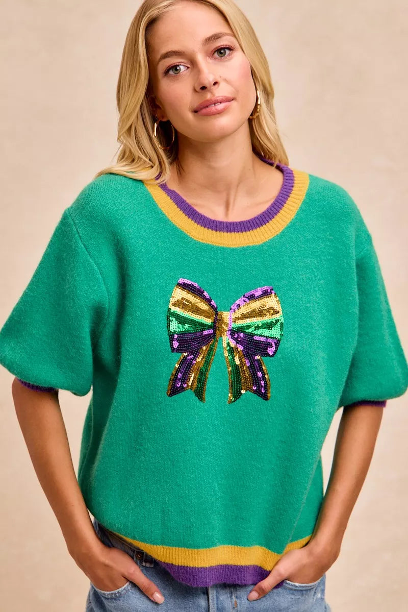 Sarah Express Women's Mardi Gras Sequin Ribbon Patched Sweater JADE